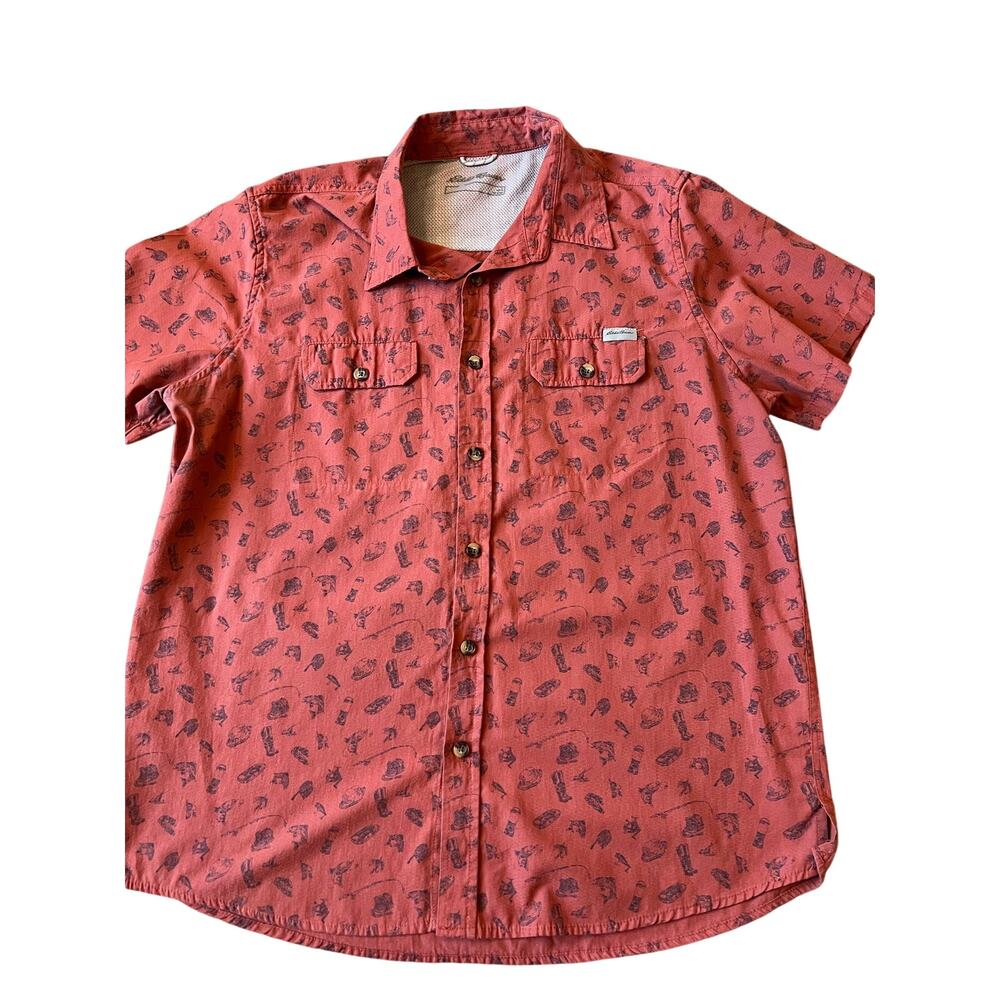 Men's Eddie Bauer Short Sleeve Button Down, Orange, Large, Fish/Outdoor Pattern